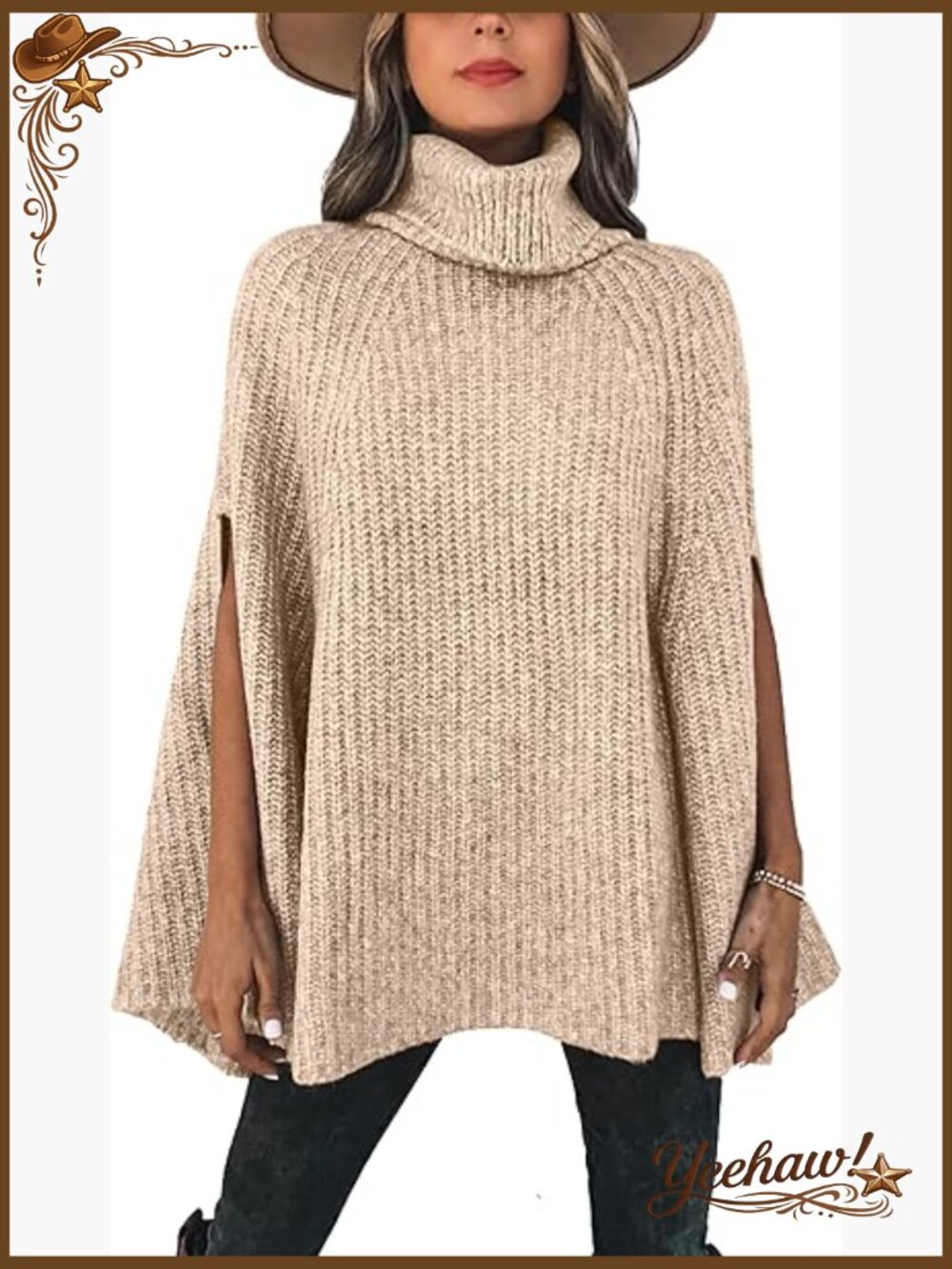 Chunky Knit Turtleneck Poncho Sweater Cape Wrap Pullover